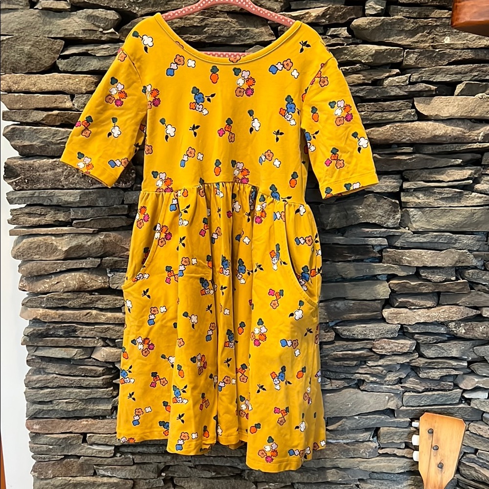 Hanna Anderson-Charming Yellow Kids Dress w Floral Print- with front pockets!